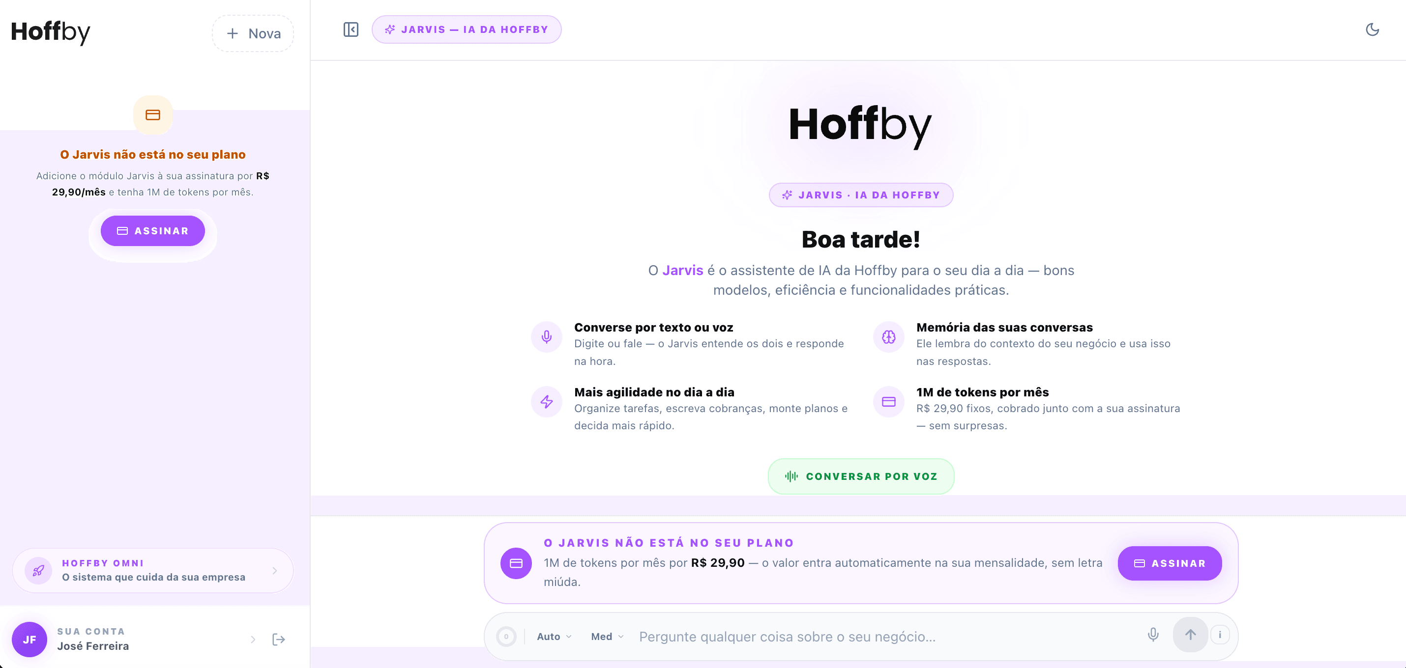 Tela real do Jarvis no Hoffby Omni — assistente de IA com conversa por texto e voz, memória de contexto, consumo de tokens e assinatura de R$ 29,90/mês